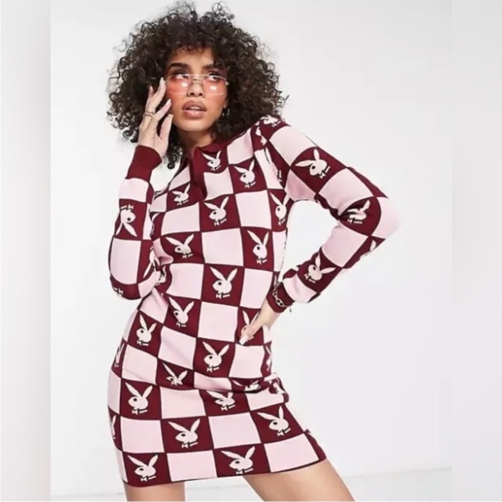 Missguided x Playboy Checker Print Long Sleeve Knit Sweater Dress | Sold Out Y2K